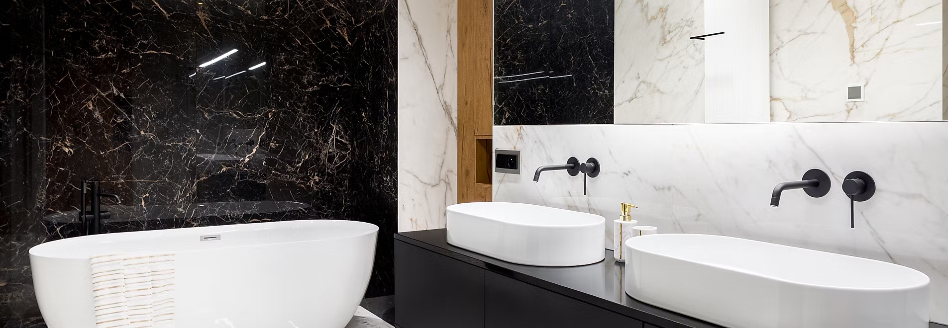 Black and white marble-look luxury bathroom
